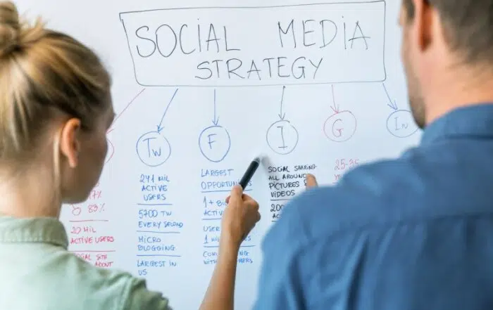 Two people brainstorming a social media strategy with a whiteboard.